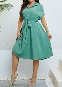 Mint Green Button Plus Size Belted Dress -Modlily 333483 P 1684215379039