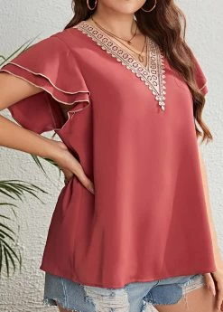 Coral Ruffle Plus Size Short Sleeve T Shirt -Modlily 333486 P 1684215326790