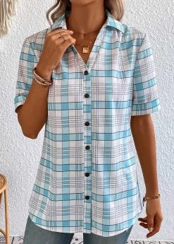 Plus Size Light Blue Button Plaid Blouse -Modlily 333858 P 16872547132833