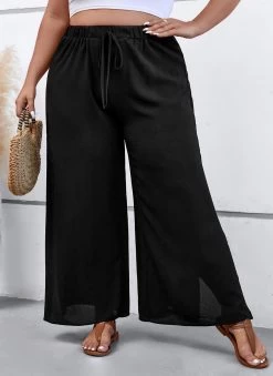 Black Drawstring Plus Size Elastic Waist Pants -Modlily 334190 P 16895978749680