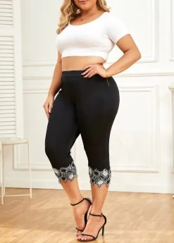 Black Patchwork Plus Size Skinny Elastic Waist Pants -Modlily 334260 P 16880196908843