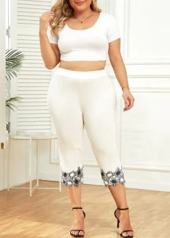 White Patchwork Plus Size Skinny Elastic Waist Pants -Modlily 334263 P 16880197686194