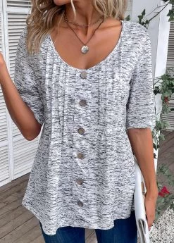 Plus Size Grey Button Half Sleeve T Shirt 8 Plus Size Grey Button Half Sleeve T Shirt -Modlily 334513 P 16869216724400