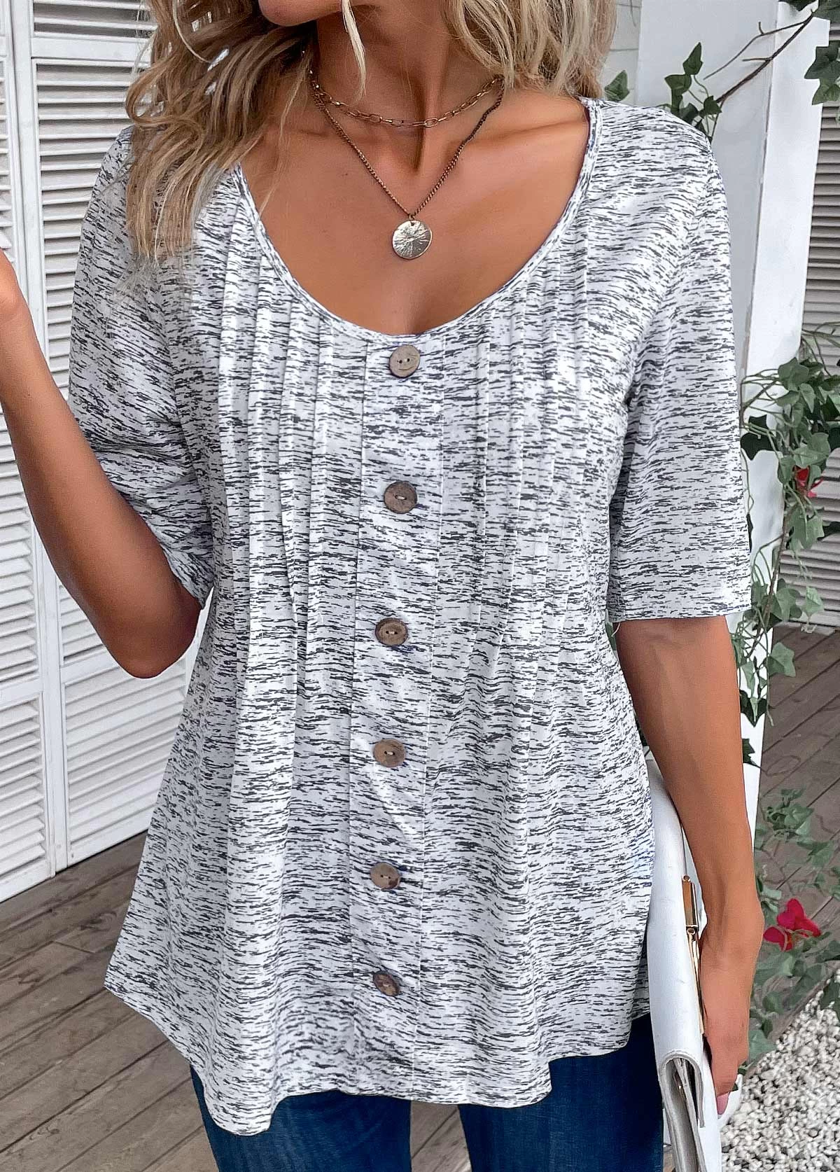Plus Size Grey Button Half Sleeve T Shirt 3 Plus Size Grey Button Half Sleeve T Shirt - Image 3