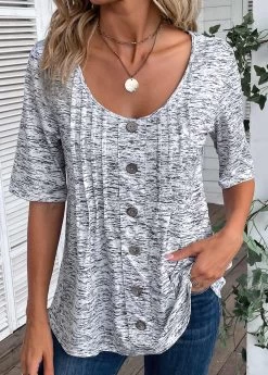 Plus Size Grey Button Half Sleeve T Shirt