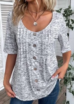 Plus Size Grey Button Half Sleeve T Shirt 10 Plus Size Grey Button Half Sleeve T Shirt -Modlily 334513 P 16869216735944