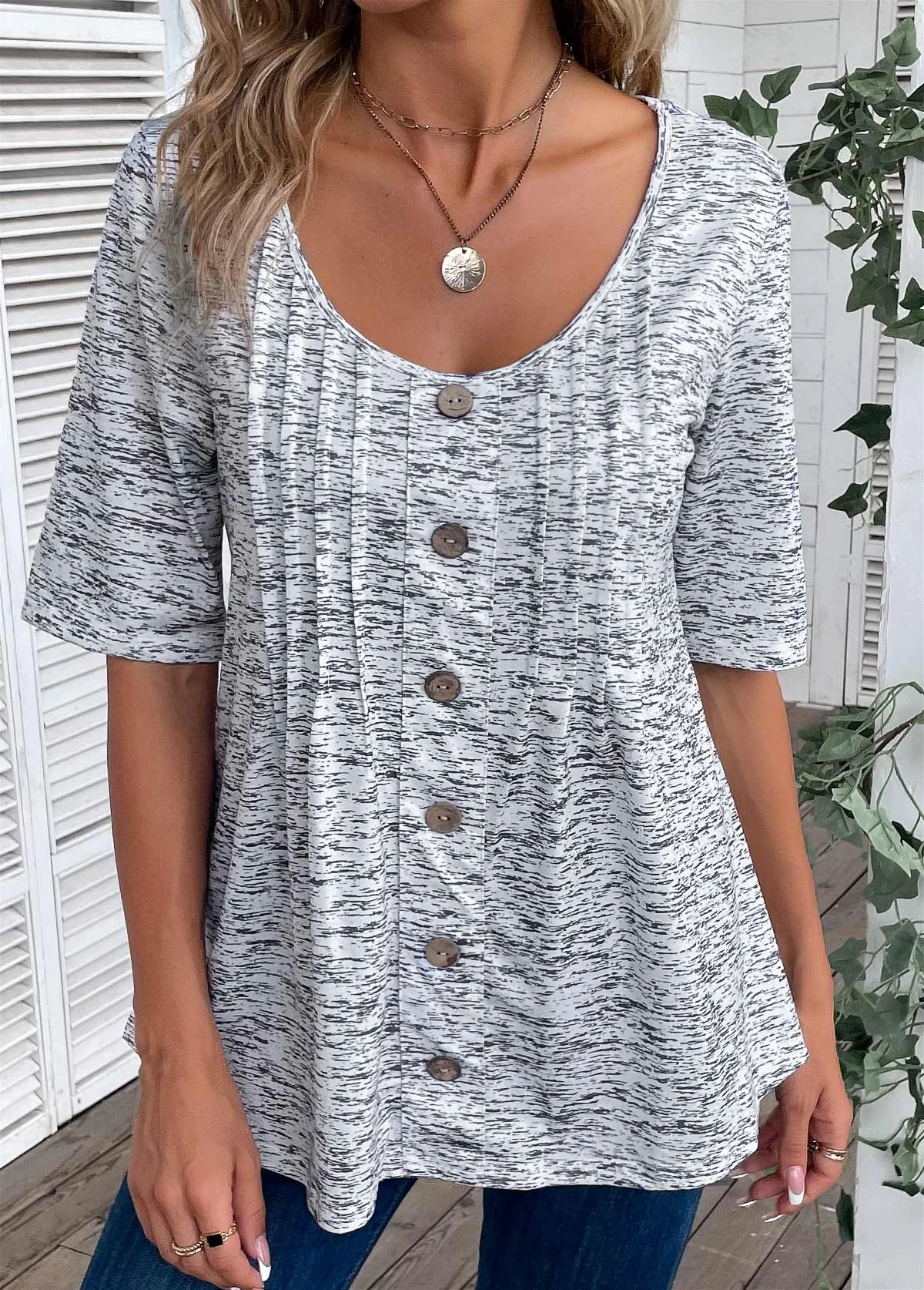 Plus Size Grey Button Half Sleeve T Shirt 4 Plus Size Grey Button Half Sleeve T Shirt - Image 4