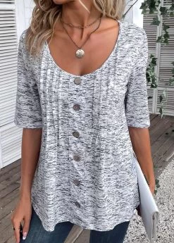 Plus Size Grey Button Half Sleeve T Shirt 11 Plus Size Grey Button Half Sleeve T Shirt -Modlily 334513 P 16869216738335