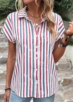 Plus Size Multi Color Button Striped Blouse