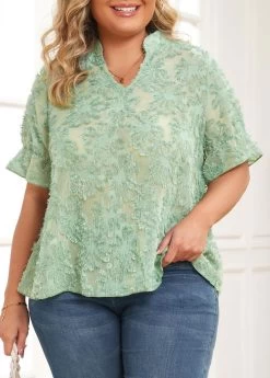 Sage Green Plus Size Half Sleeve Blouse 9 Sage Green Plus Size Half Sleeve Blouse -Modlily 335667 P 16892398746213