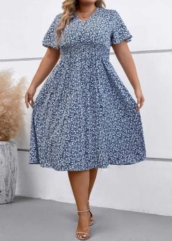 Dusty Blue Smocked Plus Size Dress -Modlily 335670 P 16895979751864