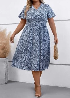Dusty Blue Smocked Plus Size Dress