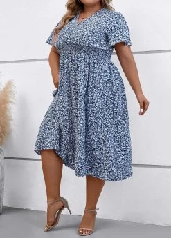 Dusty Blue Smocked Plus Size Dress -Modlily 335670 P 16895979756083