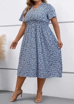 Dusty Blue Smocked Plus Size Dress -Modlily 335670 P 16895979756502