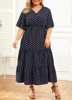 Navy Lightweigh Plus Size Polka Dot Dress -Modlily 335672 P 16880200060644