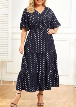 Navy Lightweigh Plus Size Polka Dot Dress -Modlily 335672 P 16880200061965