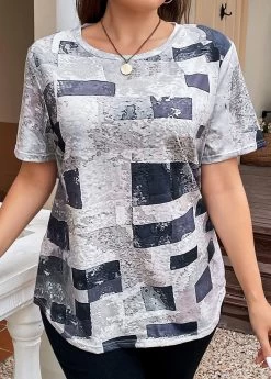 Grey Lightweight Plus Size Geometric Print T Shirt -Modlily 335813 P 16886222270763