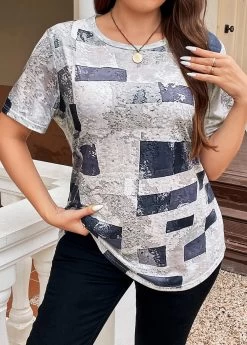 Grey Lightweight Plus Size Geometric Print T Shirt -Modlily 335813 P 16886222276420
