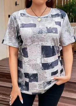 Grey Lightweight Plus Size Geometric Print T Shirt -Modlily 335813 P 16886222279134