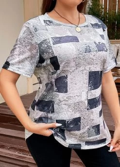 Grey Lightweight Plus Size Geometric Print T Shirt -Modlily 335813 P 16886222279685