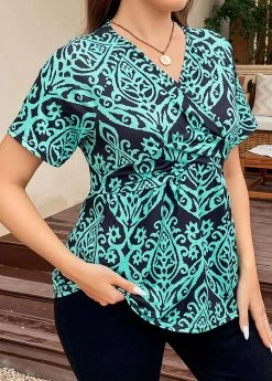 Turquoise Surplice Plus Size Tribal Print T Shirt -Modlily 335817 P 16886222062515