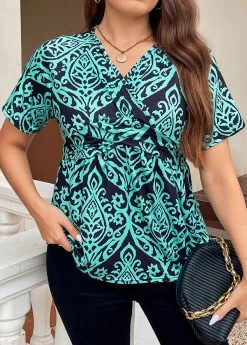 Turquoise Surplice Plus Size Tribal Print T Shirt -Modlily 335817 P 16886222064632