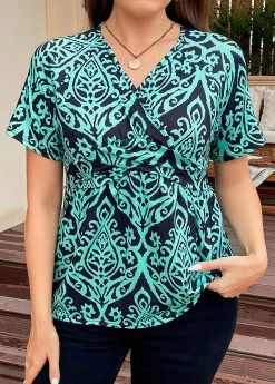 Turquoise Surplice Plus Size Tribal Print T Shirt