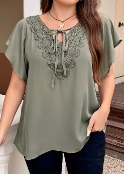 Sage Green Patchwork Plus Size Short Sleeve Blouse 10 Sage Green Patchwork Plus Size Short Sleeve Blouse -Modlily 335820 P 16887260930084