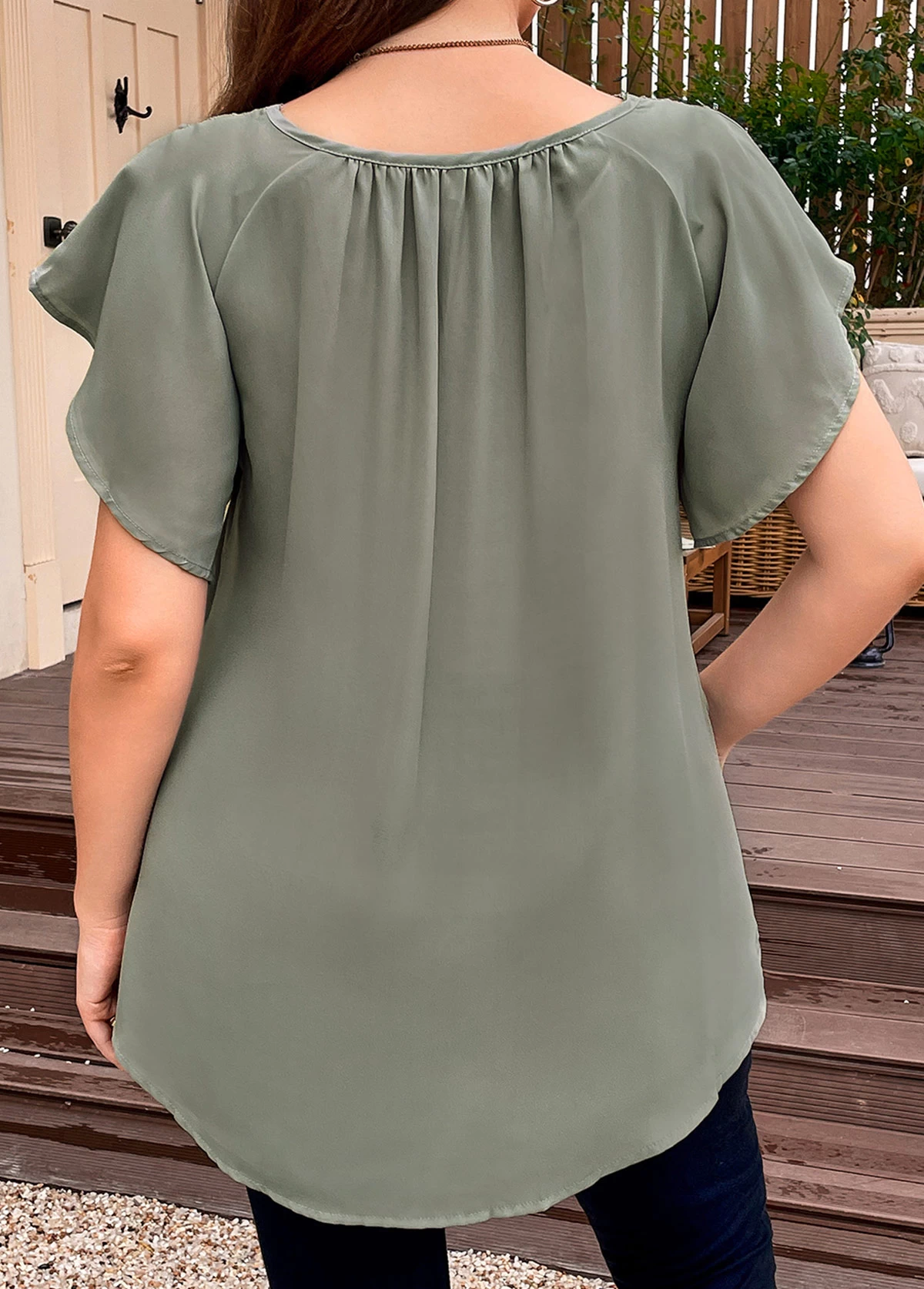 Sage Green Patchwork Plus Size Short Sleeve Blouse 2 Sage Green Patchwork Plus Size Short Sleeve Blouse - Image 2