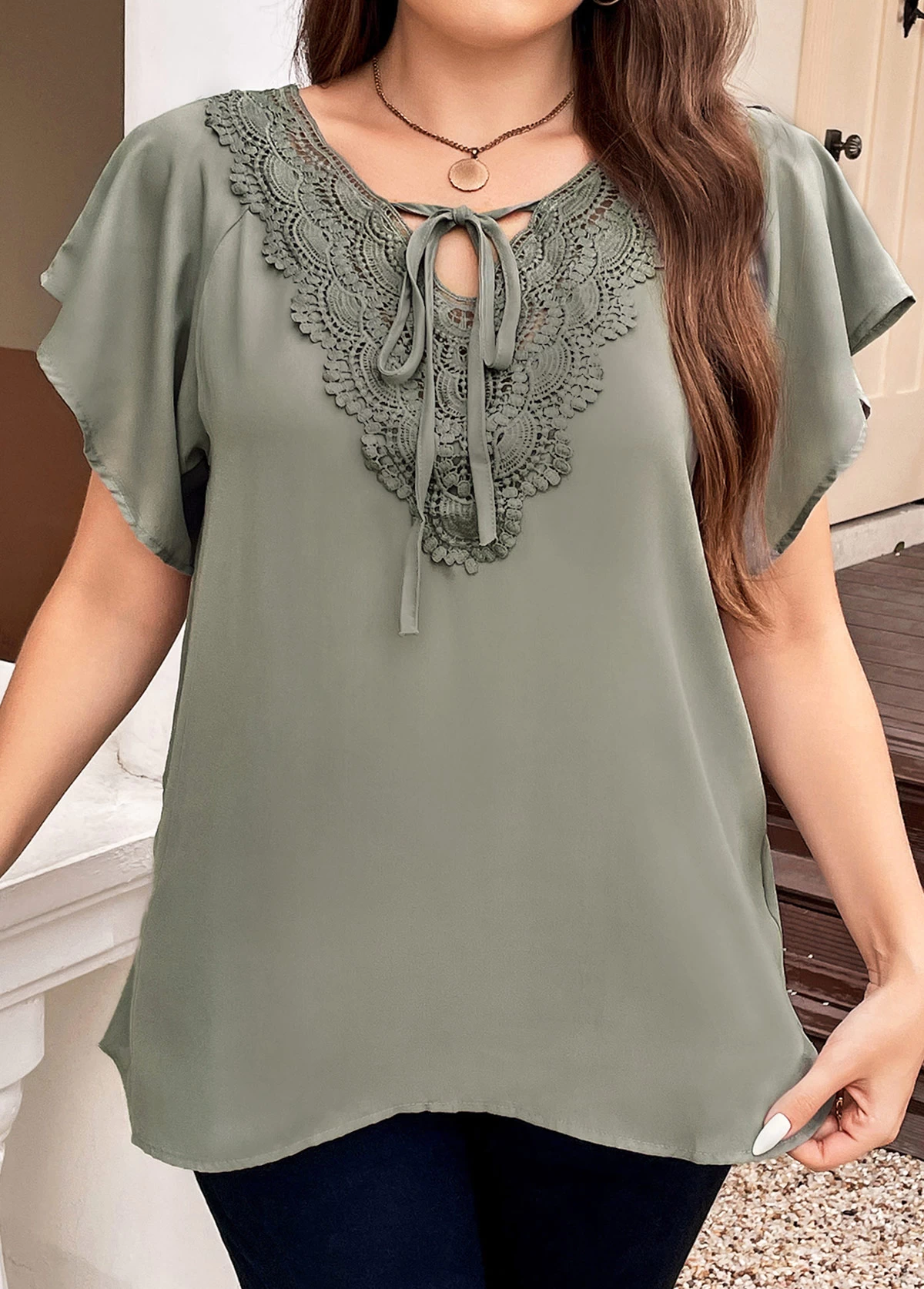 Sage Green Patchwork Plus Size Short Sleeve Blouse 4 Sage Green Patchwork Plus Size Short Sleeve Blouse - Image 4