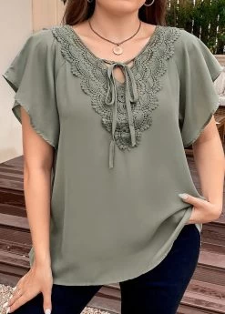 Sage Green Patchwork Plus Size Short Sleeve Blouse