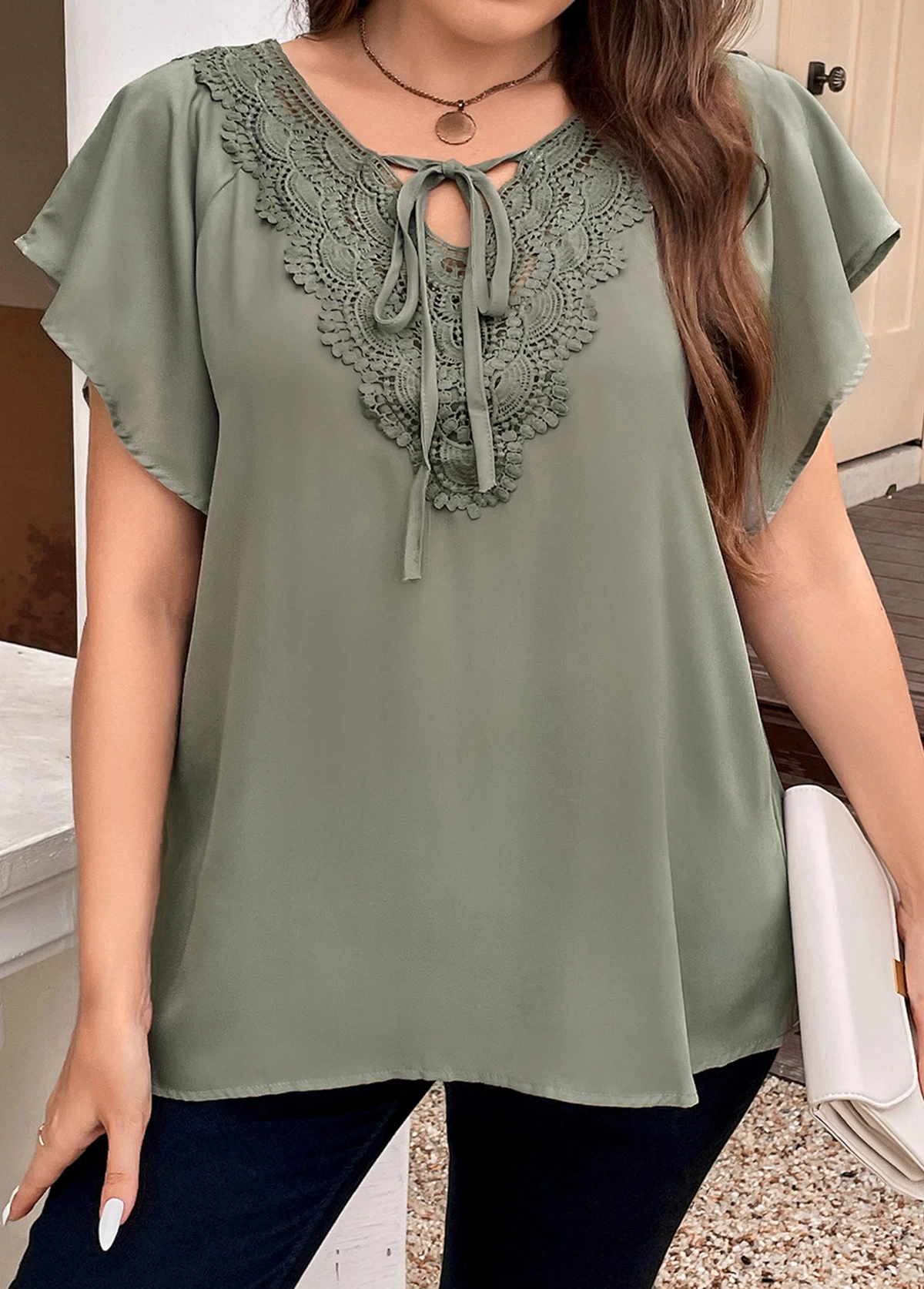 Sage Green Patchwork Plus Size Short Sleeve Blouse 6 Sage Green Patchwork Plus Size Short Sleeve Blouse - Image 6