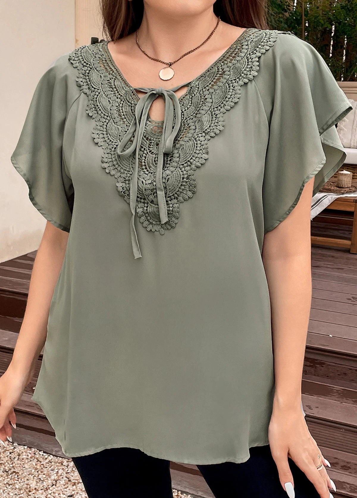 Sage Green Patchwork Plus Size Short Sleeve Blouse 3 Sage Green Patchwork Plus Size Short Sleeve Blouse - Image 3