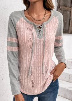 Plus Size Light Pink Twisted Long Sleeve T Shirt -Modlily 336027 P 16908067740933