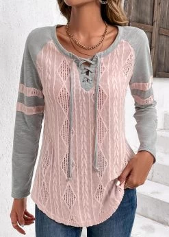Plus Size Light Pink Twisted Long Sleeve T Shirt -Modlily 336027 P 16908067747450
