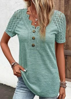 Plus Size Green Lace Short Sleeve T Shirt 16 Plus Size Green Lace Short Sleeve T Shirt -Modlily 336109 P 16871565990964