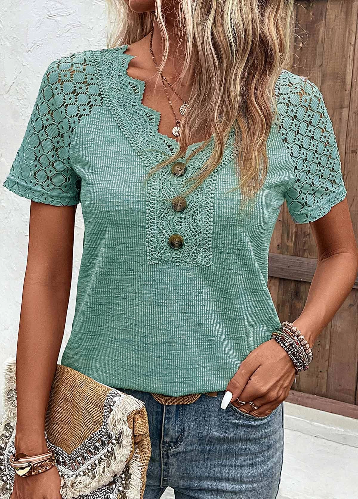 Plus Size Green Lace Short Sleeve T Shirt 4 Plus Size Green Lace Short Sleeve T Shirt - Image 4
