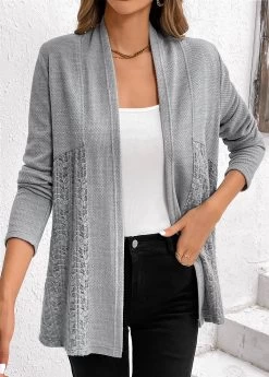 Plus Size Grey Patchwork Long Sleeve Cardigan -Modlily 336118 P 16904561862960