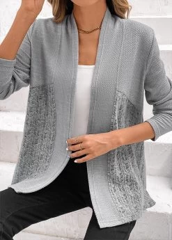 Plus Size Grey Patchwork Long Sleeve Cardigan -Modlily 336118 P 16904561863385