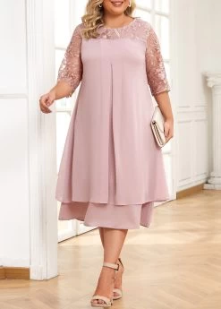 Light Pink Embroidery Plus Size A Line Dress -Modlily 336287 P 16881124266285