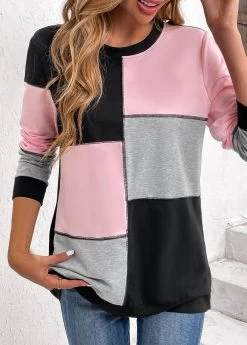 Plus Size Light Pink Patchwork Long Sleeve Sweatshirt -Modlily 336344 P 16903659273130