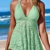 Lace Mid Waisted Light Green Swimdress And Panty