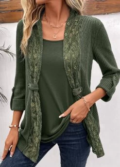 Plus Size Olive Green Fake 2in1 T Shirt -Modlily 336500 P 16908047552253