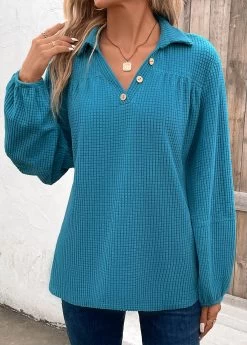 Plus Size Peacock Blue Ruched Long Sleeve Blouse -Modlily 336510 P 16928733640183