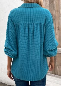Plus Size Peacock Blue Ruched Long Sleeve Blouse -Modlily 336510 P 16928733645591