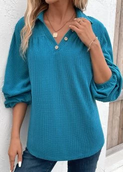 Plus Size Peacock Blue Ruched Long Sleeve Blouse -Modlily 336510 P 16928733647872