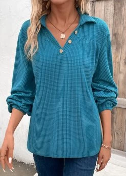 Plus Size Peacock Blue Ruched Long Sleeve Blouse -Modlily 336510 P 16928733648714