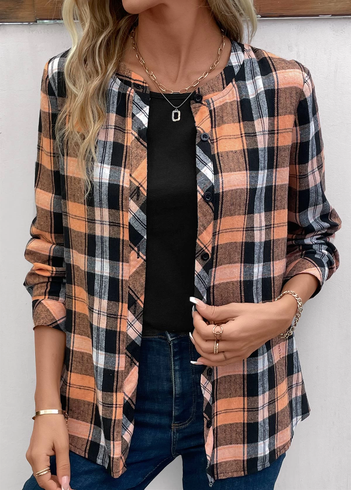Orange Button Plus Size Plaid Long Sleeve Blouse 1 Orange Button Plus Size Plaid Long Sleeve Blouse