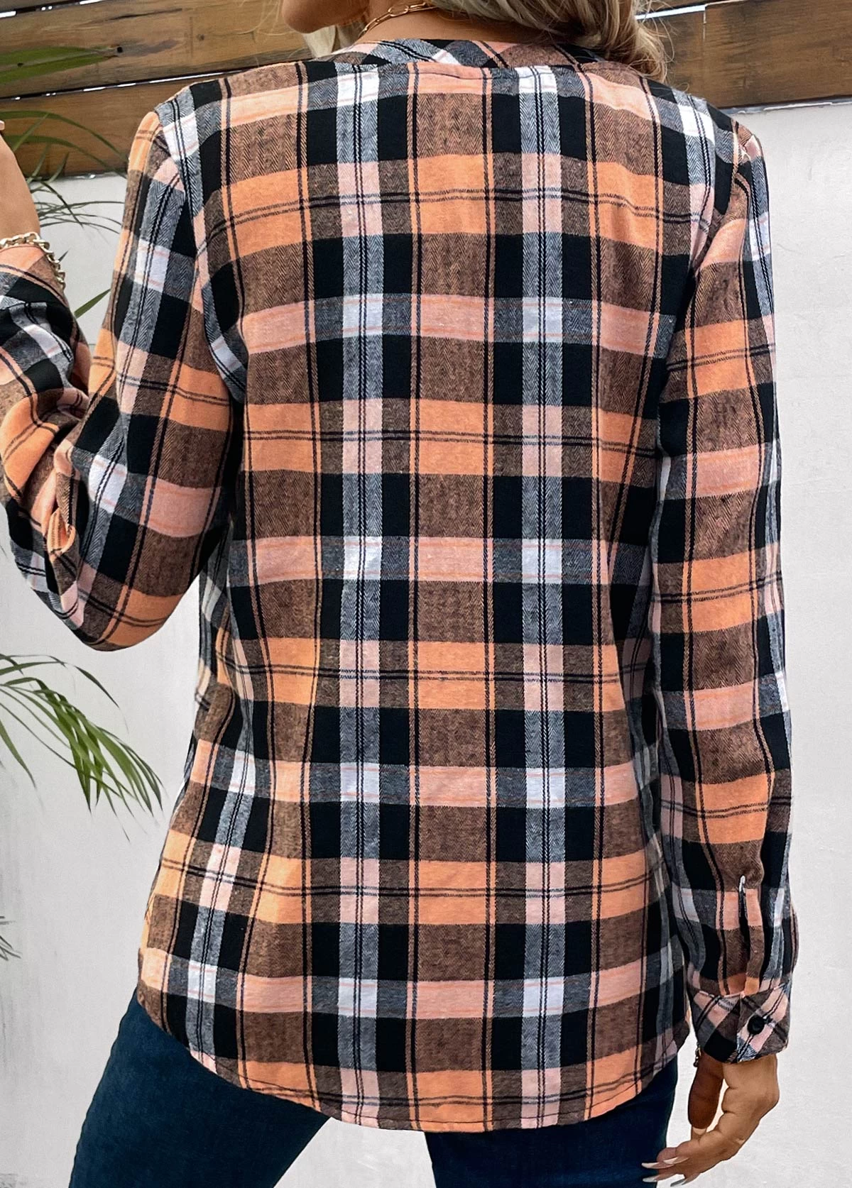 Orange Button Plus Size Plaid Long Sleeve Blouse 2 Orange Button Plus Size Plaid Long Sleeve Blouse - Image 2