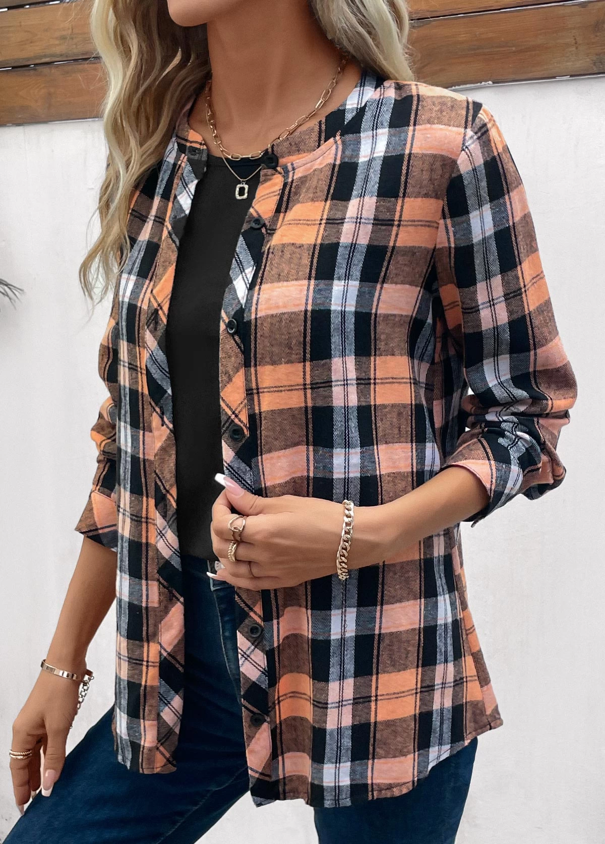 Orange Button Plus Size Plaid Long Sleeve Blouse 3 Orange Button Plus Size Plaid Long Sleeve Blouse - Image 3